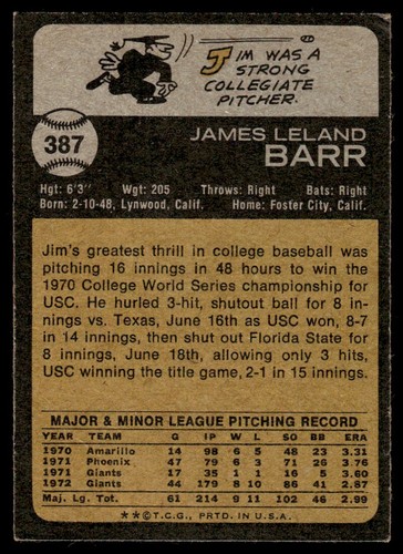 1973 Topps Jim Barr San Francisco Giants #387 - Picture 2 of 2