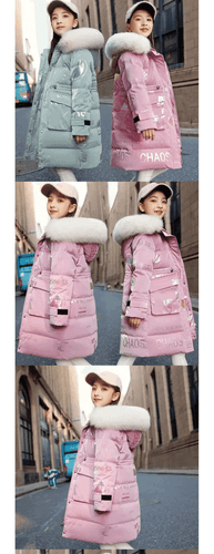 Winter Cotton Padded Coat Medium Long Down Thicken Warm Kids Fur Hooded Clothes - Picture 12 of 23