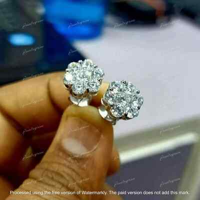 2.00Ct Round Cut Lab-Created Diamond Flower Stud Earrings 14K White Gold Finish