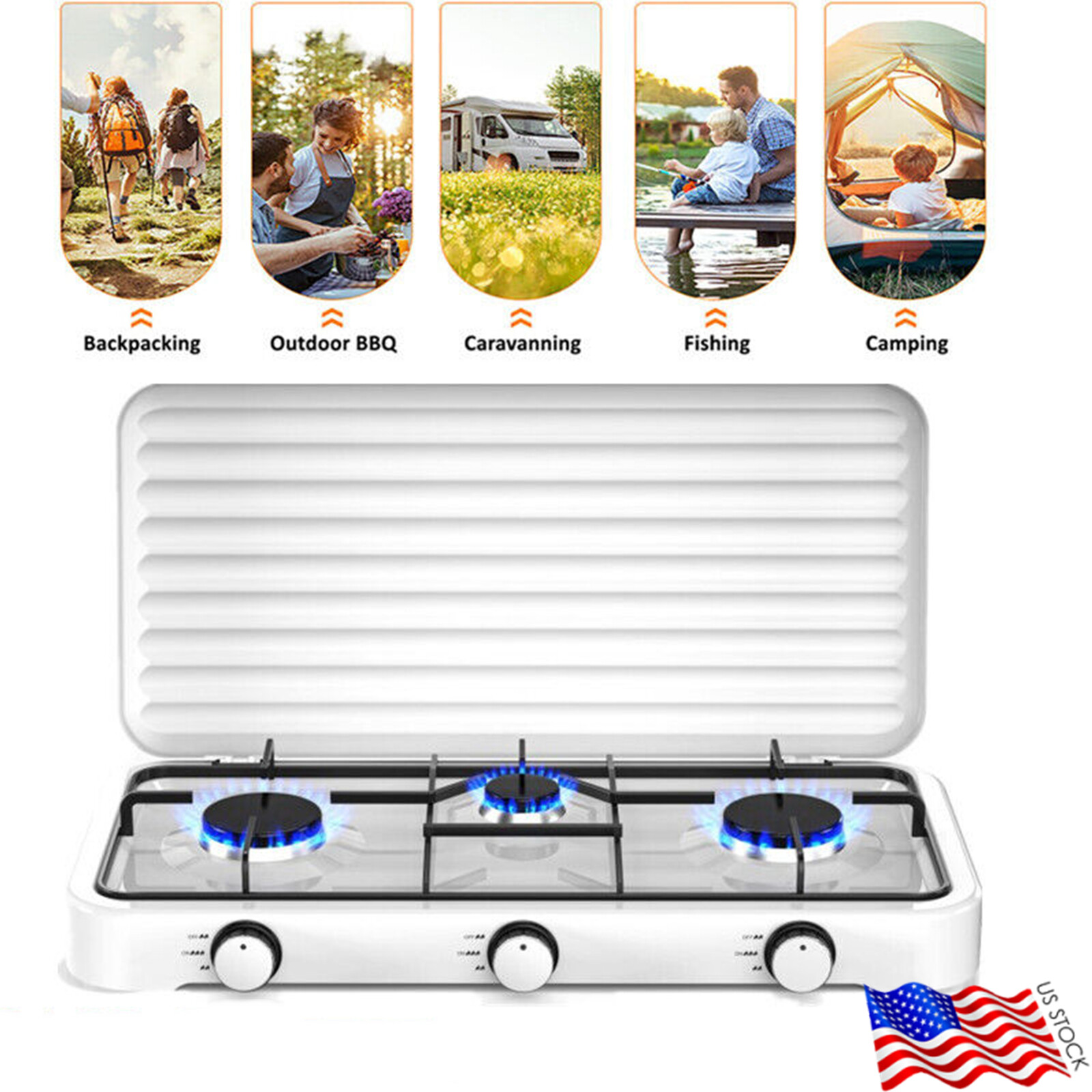 Portable Gas Stove 3 Burner Outdoor Camping Caravan LPG Cooktop Desktop Cooker