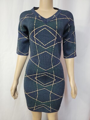 Adolfo Dominguez bodycon Blue/green knit dress, Size M Geometric Pattern #C