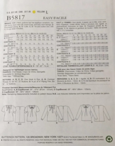 BUTTERICK UNCUT Pattern B5817 Misses Size 6-14 Lightweight Pullover Top Tunic FF - Picture 4 of 9