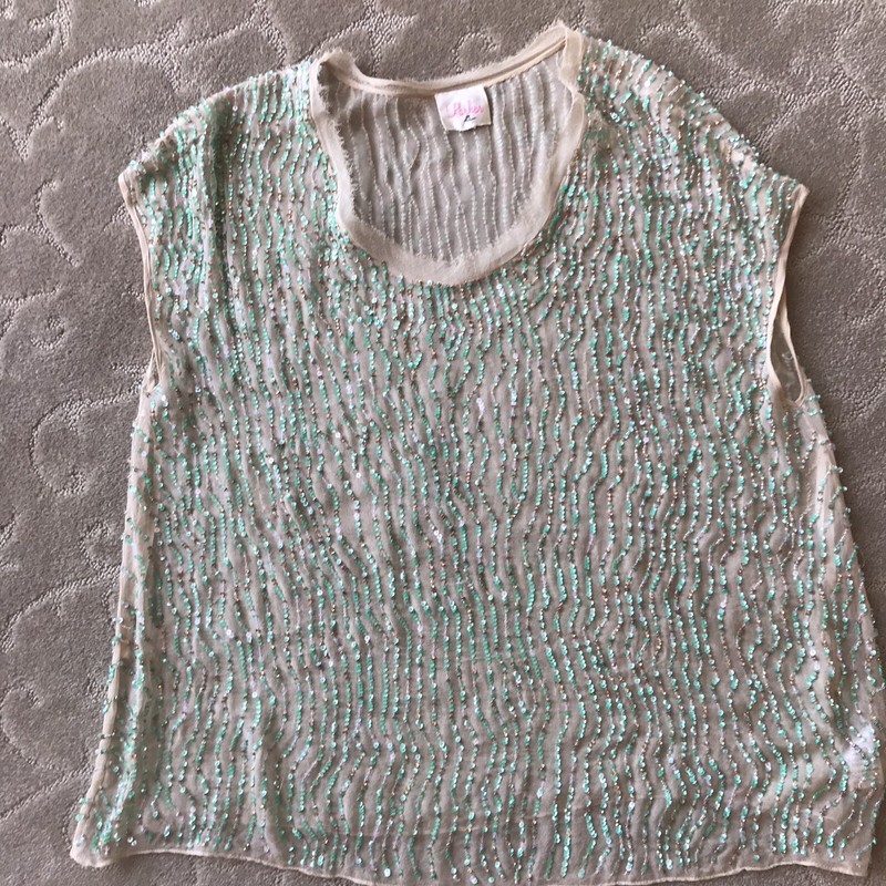 Parker Tan Sheer Sequined & Beaded Sleeveless Silk Shirt~M
