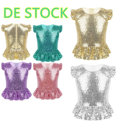 DE Mädchen Glitzer Shirt Bluse Pailletten Gerüschten Ärmel Top Halloween Party