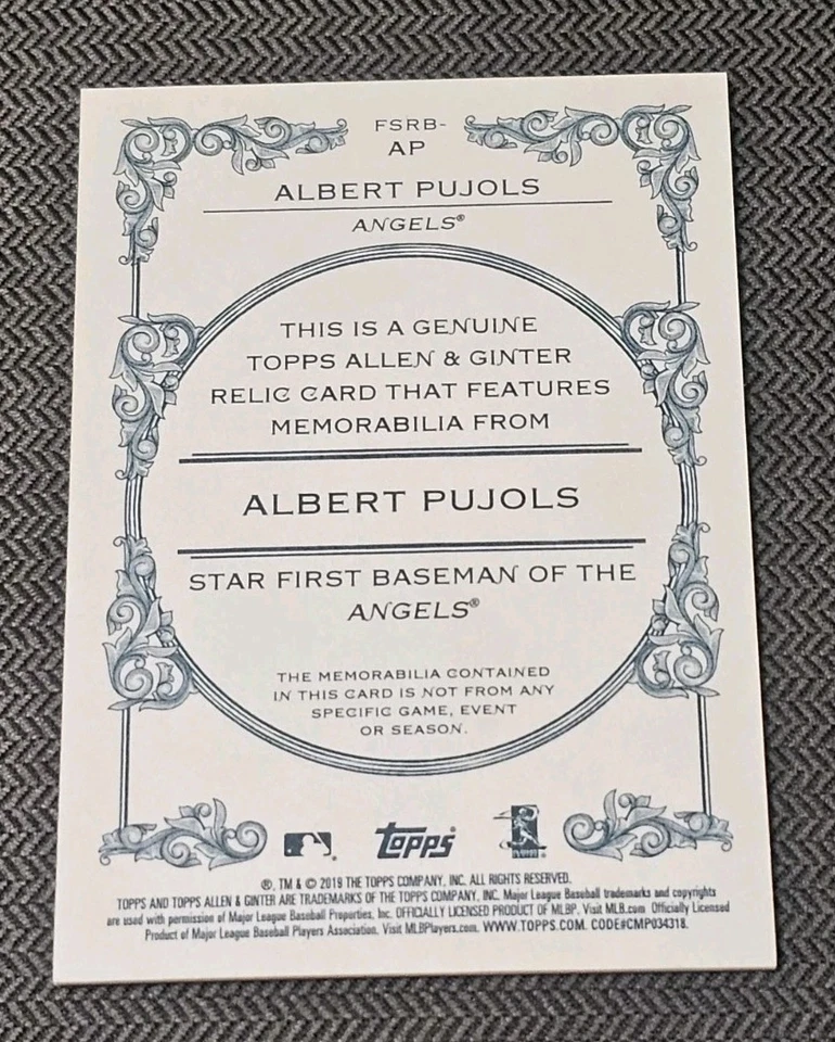 Albert Pujols 2019 Topps Allen & Ginter Game-Used Memorabilia Relic #FSRB-AP HOF - Image 2 of 2