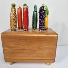 Vintage Japanese Stainless Ceramic 6 Fruit&Veggies Handle Cheese Spreader &Block
