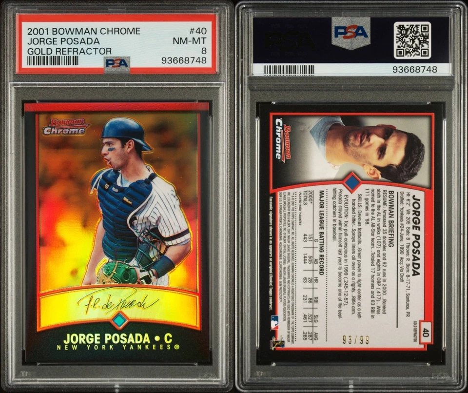 JORGE POSADA 2001 Bowman Chrome золотистая переливающаяся 93/99 PSA 8 почти как новая (Pop 2) - Изображение 3 из 3