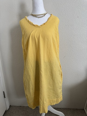 #ad Briggs Yellow Linen Sleeveless Shift Dress Raw Edge V Neck Size L $8.03