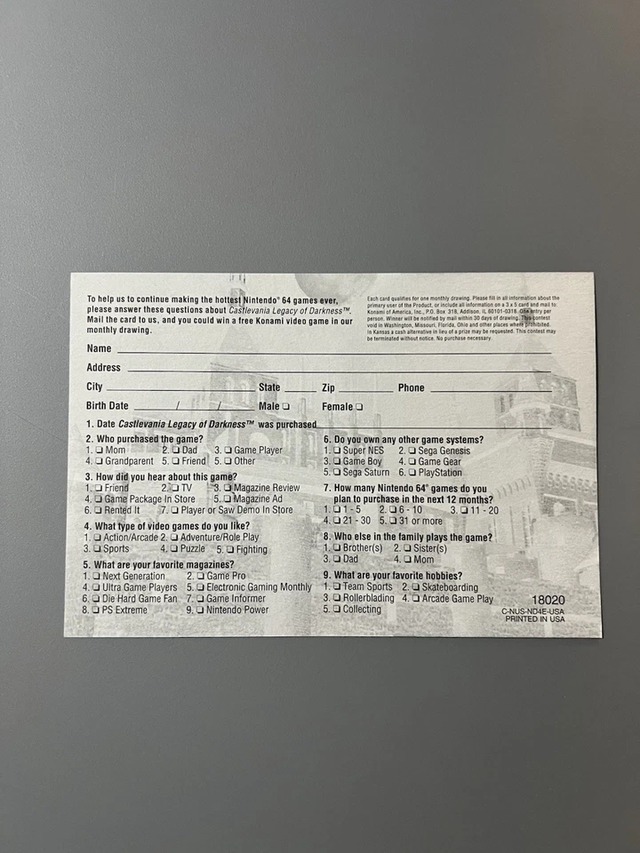 Castlevania: Legacy of Darkness Nintendo 64 N64 AUTHENTIC Registration Card Only - Image 2 of 2
