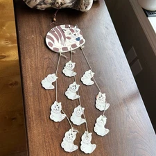 Pottery Clay Cat with 10 Kittens Wind Chimes Hanging 20" Long