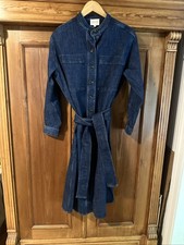 Sézane Sz 38Navi Denim Dress Long Sleeve Belted Heavy Modest Midi Dark Wash EUC