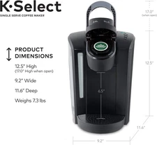Keurig K-Select Single Serve Matte Black Coffee Maker 4 sizes