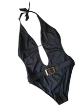 SISI AQUA black one-piece swimsuit stands out for its plunge design Size 34