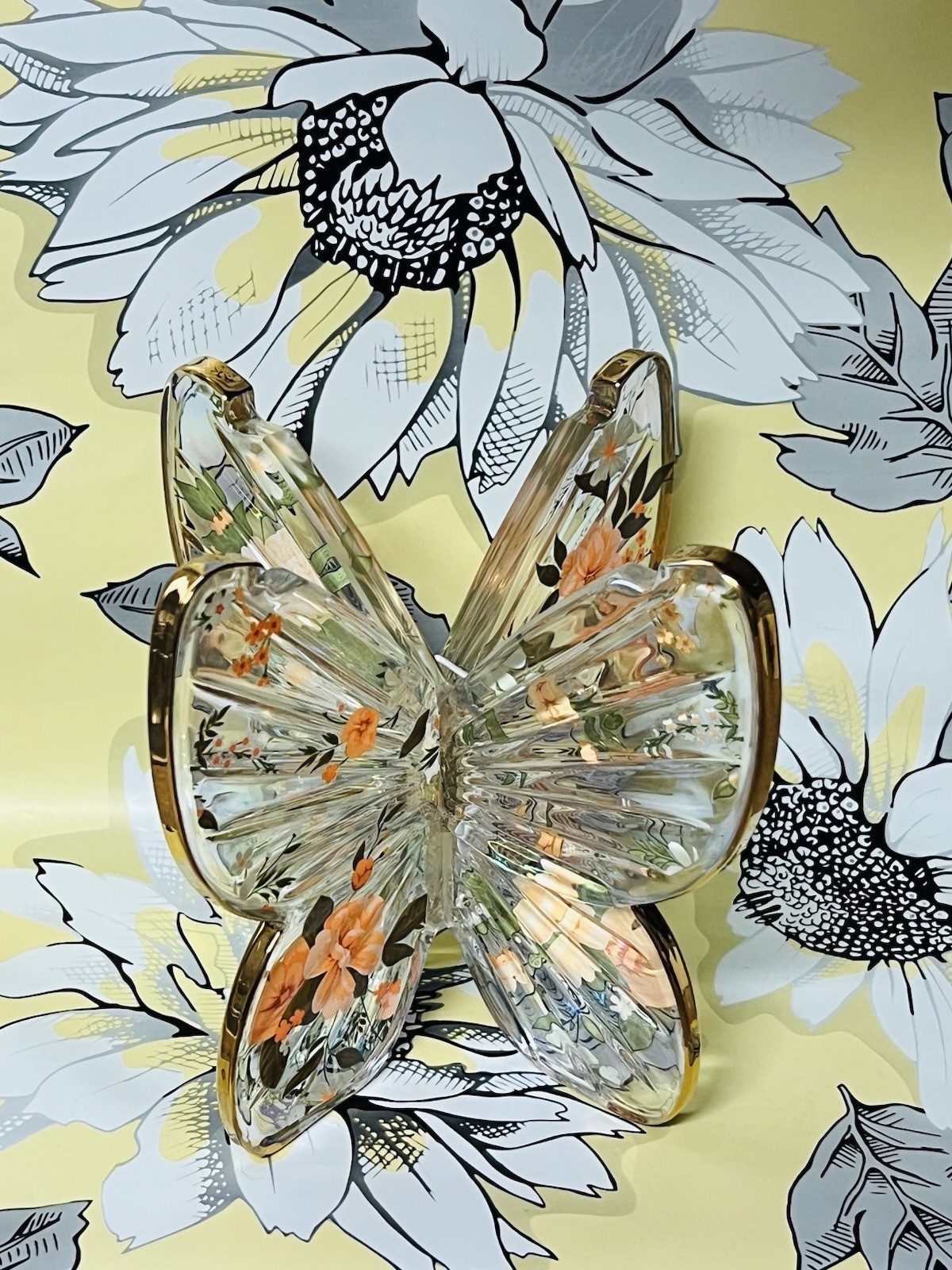 Bath & Body Works Iridescent Glass Butterfly Gold Trim 3 Wick Candle Holder