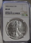 1993 US Silver Eagle $1 NGC MS69