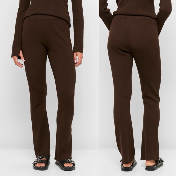 Brown Ribbed Flare Pants Womens XL Knit High Waisted Lounge Comfort Lily Loves