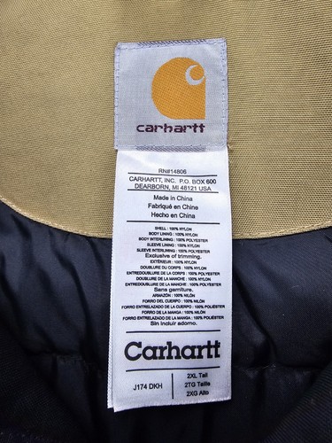 Carhartt Uomo Taglia 2XL Alto Marrone Zip-Up Puffer Giacca Senza Cappuccio Cappotto Lavoro J174 D - Foto 5 di 8