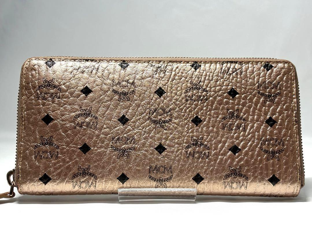 MCM Round Zipper Long Wallet Pink Gold Leather Ladies From Japan