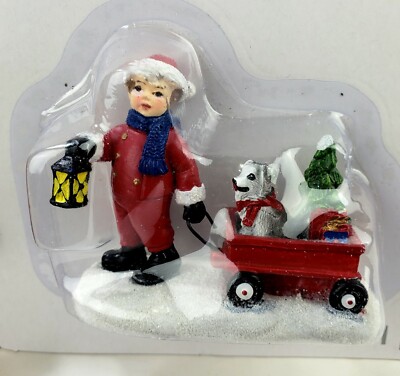 Tiny Treasures Christmas Child Pulling Red Wagon Doll House Village Accessories 