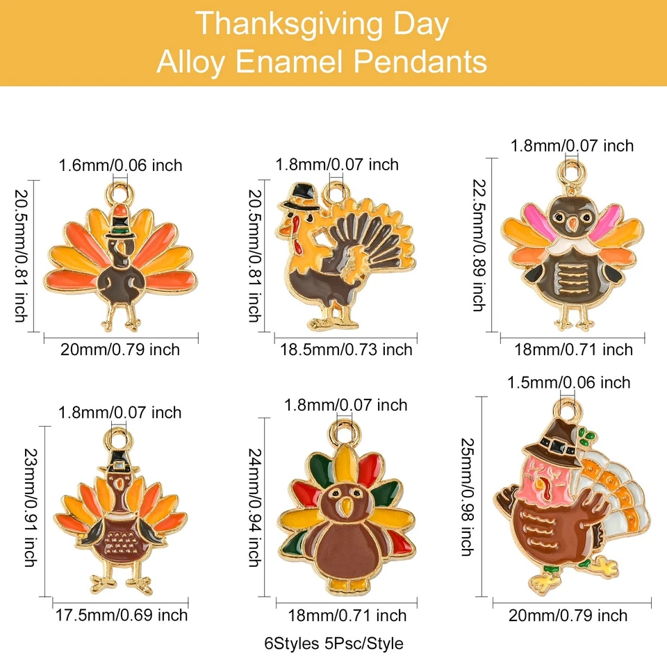 30 peças pingentes de liga de esmalte de dia de Ação de Graças amuleto de peru berloque de galinha preta faça você mesmo - Imagem 2 de 4