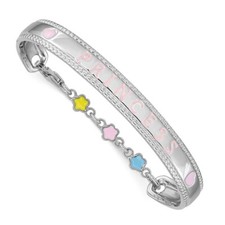 .925 Sterling Silver Rhdoium Plated Enamel Princess Baby Bangle w/ Chain 4.9"