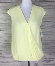 Halogen Women’s Yellow Cap Sleeve V-Neck Surplice Hi Low Blouson Top Size S NWT