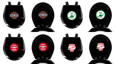 FC329 BLACK FINISH ROUND MOLDED WOOD TOILET SEAT VINTAGE GAS AUTO OIL LOGO THEME