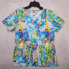 Peanuts Scrub Top Womens XS Blue Green w/ Woodstock Bird Short Sleeve Cotton
