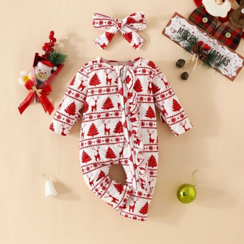 Baby Girl Christmas Long Sleeve Romper Elk Printed Bodysuits With Headband 2Pcs - Picture 1 of 11