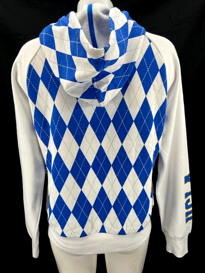 NUEVA Chaqueta con Capucha California UCLA Bruins Coliseo Blanco Azul Argyle Para Mujer M Foto 4 de 4