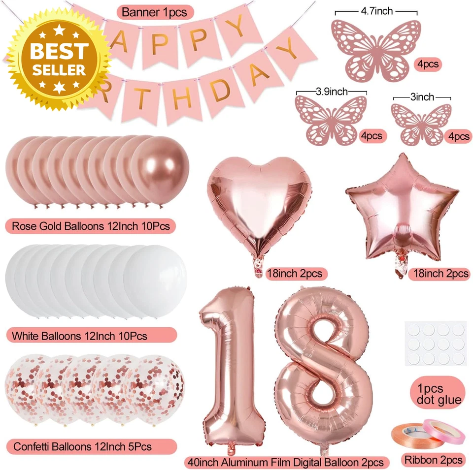 18th Birthday Decorations Girls - Rose Gold Balloons, Banner, Butterflies - Image 2 of 4