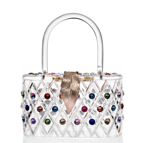 Clear Oval Acrylic Top Handle Bag with Multicolor Rhinestones, Gold Leaf Clasp