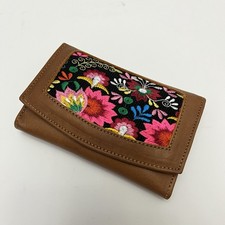 Multicolor Floral Embroidery Bifold Wallet Womens Leather Brown