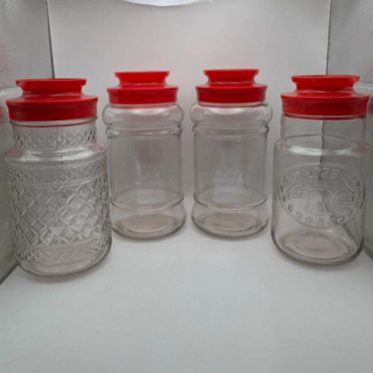 VTG Anchor Hocking Glass Jar Orange Lid 1776 Maxwell House Coffee Storage Set 4