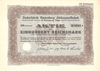 Zuckerfabrik Rastenburg AG Aktie über 100 RM Rastenburg Ostpreußen 1924