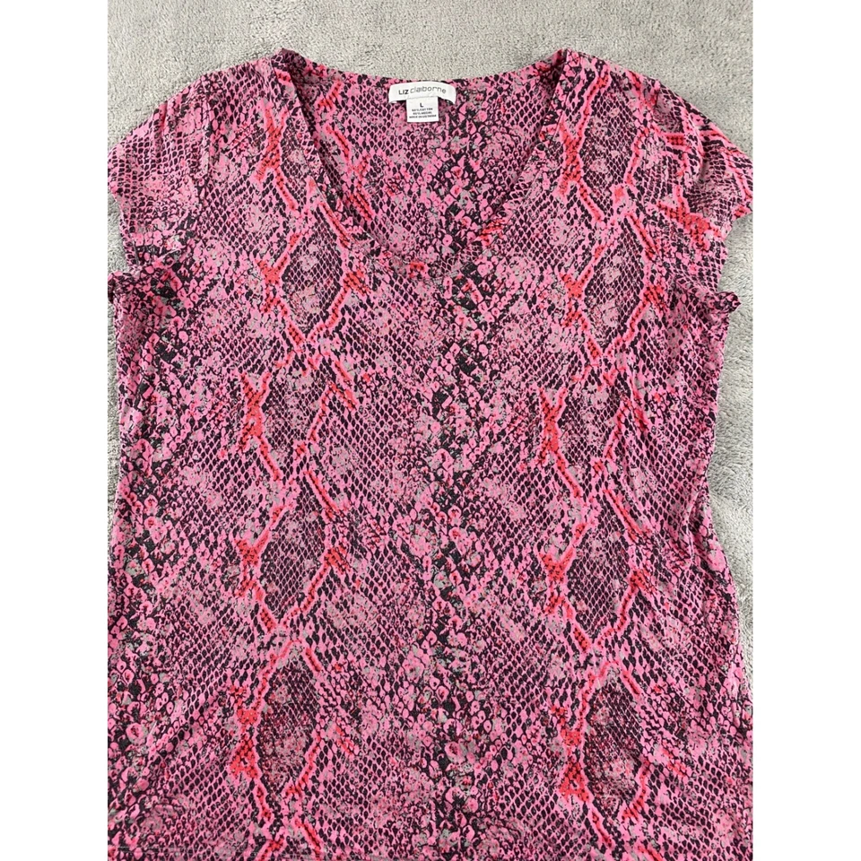 Liz Claiborne Pink Snake Print V-Neck Cap Sleeve Blouse Womens Size L - Image 2 of 4