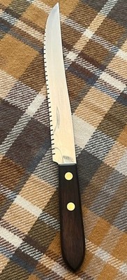 Vintage Robinson Stainless Steel Knife 8'' Serrated Blade Dark Wood Handle