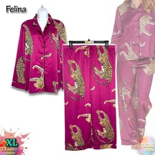 NWOT Felina Women's XL Adrienne Printed Satin Pajama Set, 2 Pieces In Jaguar