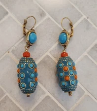 Kenneth Jay Lane Inspired Turquoise And Coral Color Drop Earrings