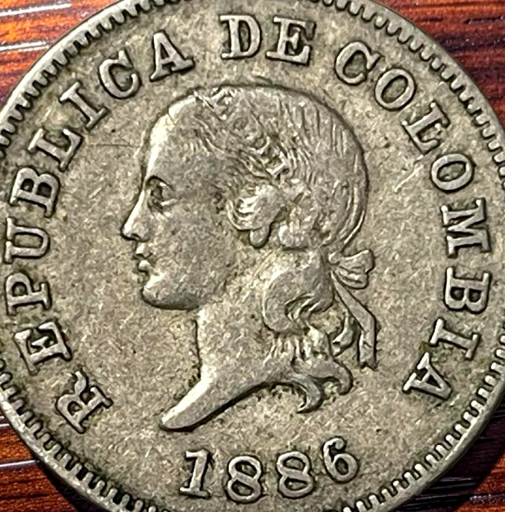 1886 Colombia Five 5 Centavos Coin KM# 183 Lot D4-9 Within Wreath Large Top 5