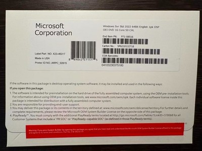 Microsoft Windows Server 2022 Standard 64Bit 16 Core-50 CALs DVD With Key Sealed