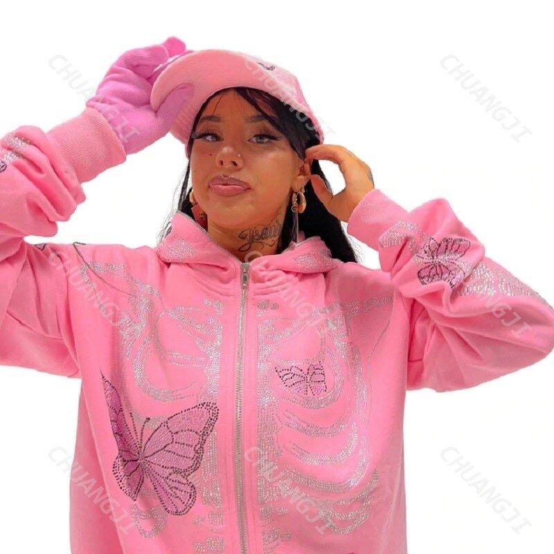 Rhinestone Butterfly Fashion Gothic Women Pink Hoodie