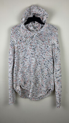 Womens Cupio Pullover Hoodie Sz Lg white Multi Color Soft Yarns V-Neck