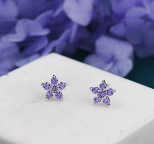 Lab-Created Amethyst Round Cut Flower Stud Earrings in 925 Sterling Silver-image