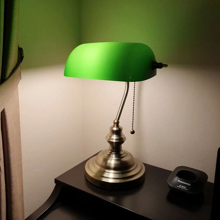 Traditional Green Banker Desk Lamp Pull Chain Switch Glass Light Satin Brass - Image 2 of 4
