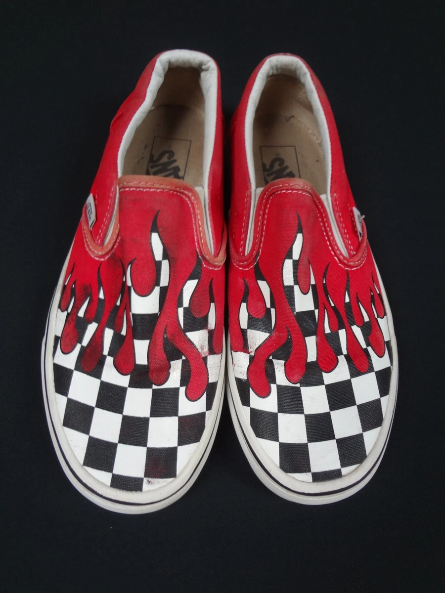 VANS CHECKERBOARD FLAMES FIRE RED BLACK WHITE SLIP ON MENS 6