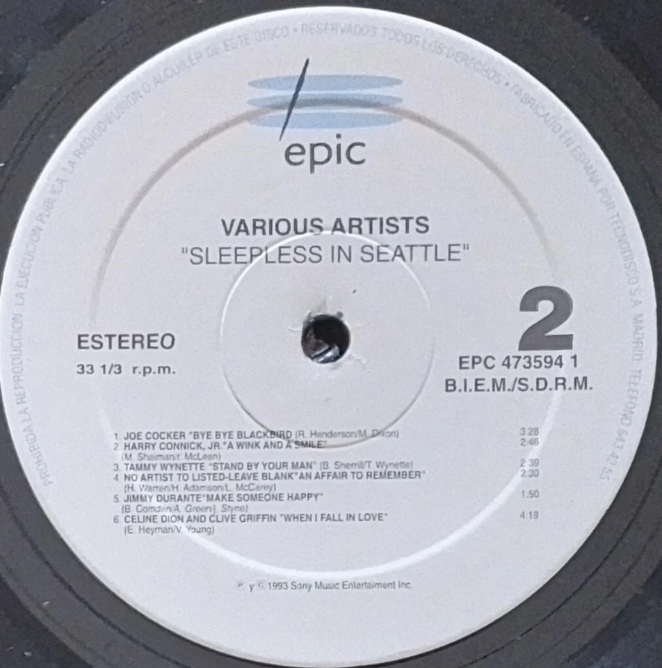 SLEEPLESS IN SEATTLE " SOUNDTRACK " 1993 LP CELINE DION JOE COCKER - Image 4 of 4
