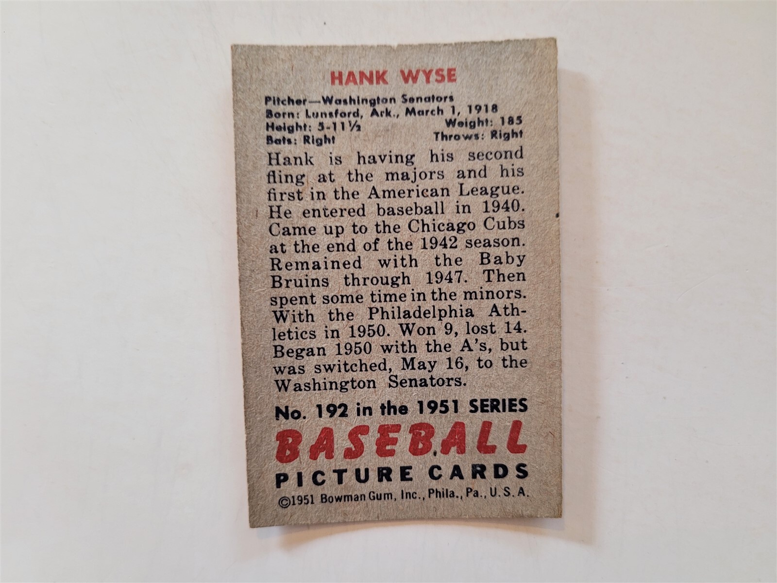 Hank Wyse 1951 Bowman 192 Beautiful! eBay