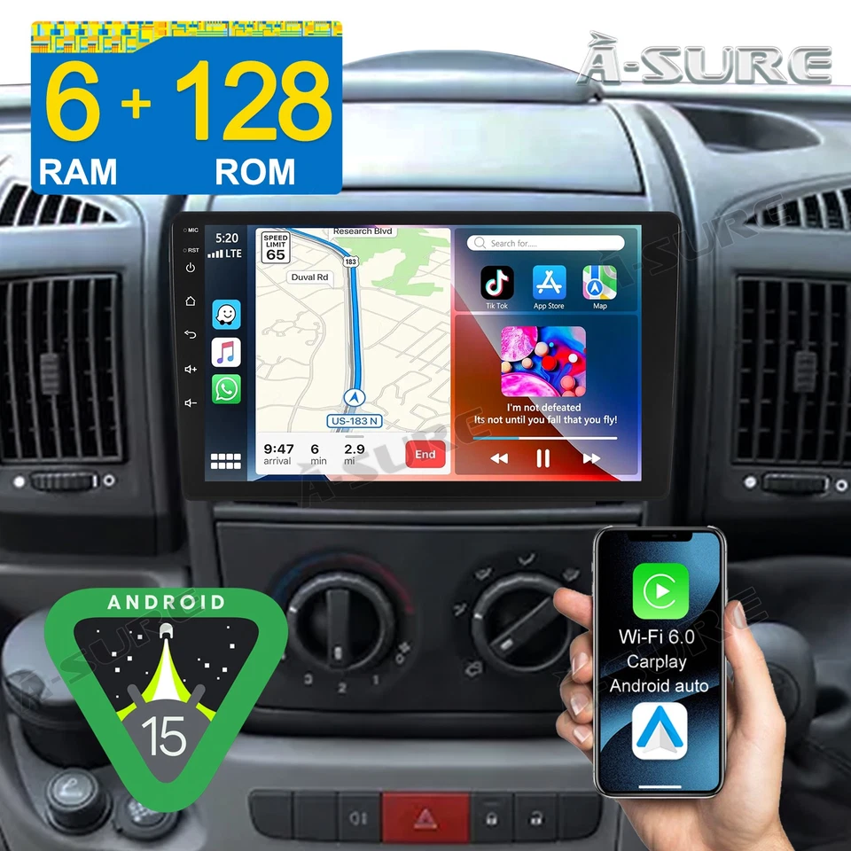 A-SURE 6GB+128GB Android 15 Autoradio CarPlay Navi 8 Core Für Fiat Ducato Peugeot Boxer