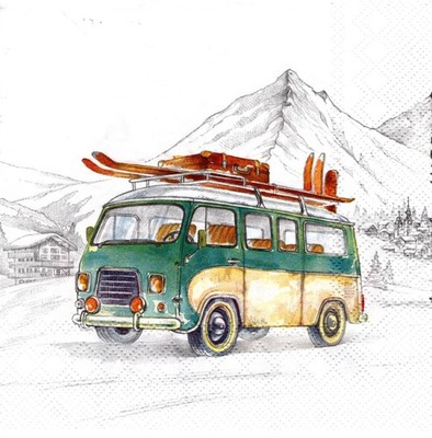 (2) Two Paper Lunch Napkins for Decoupage/Mixed Media - Ski Adventures van snow